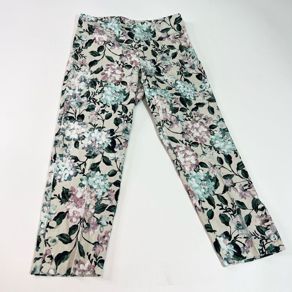 Floral Print Stretch Crop Pants - Cream Mint Pink